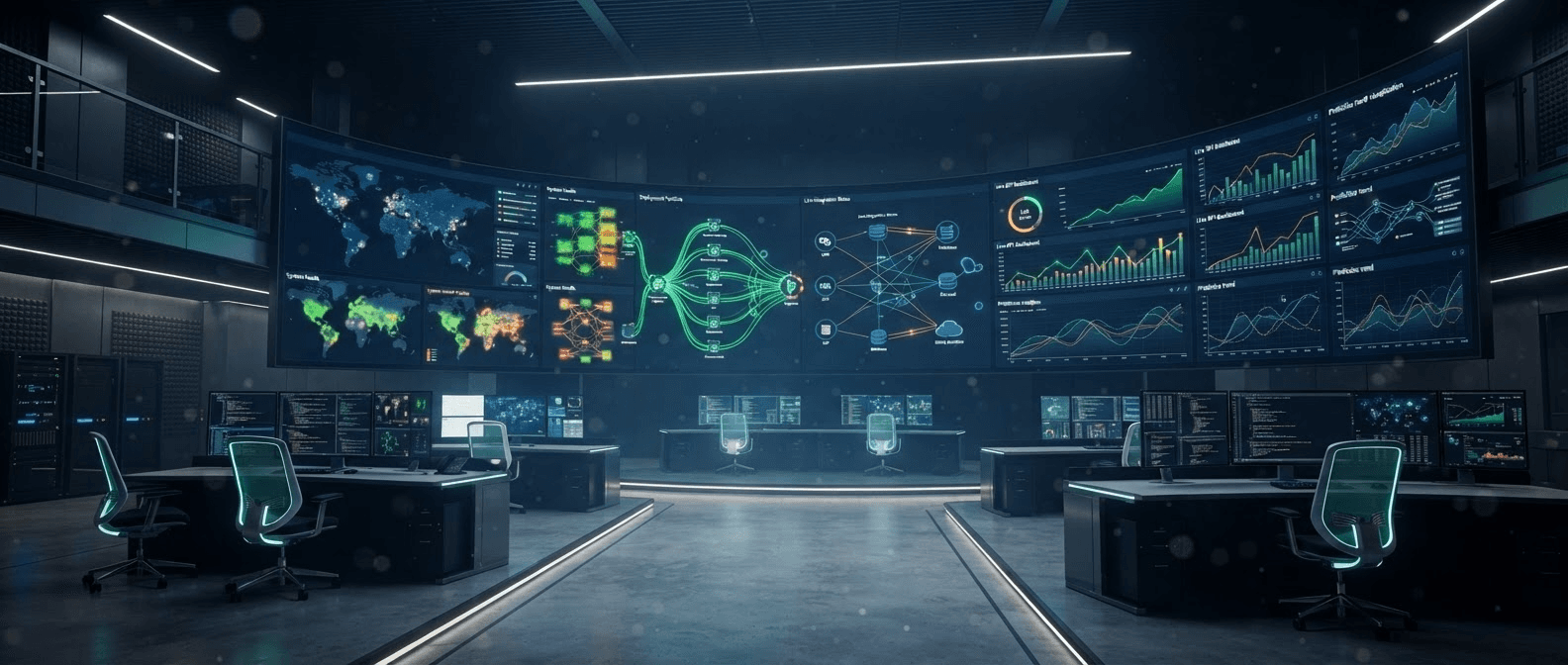 A production monitoring center with live system health, deployment and BI dashboards
